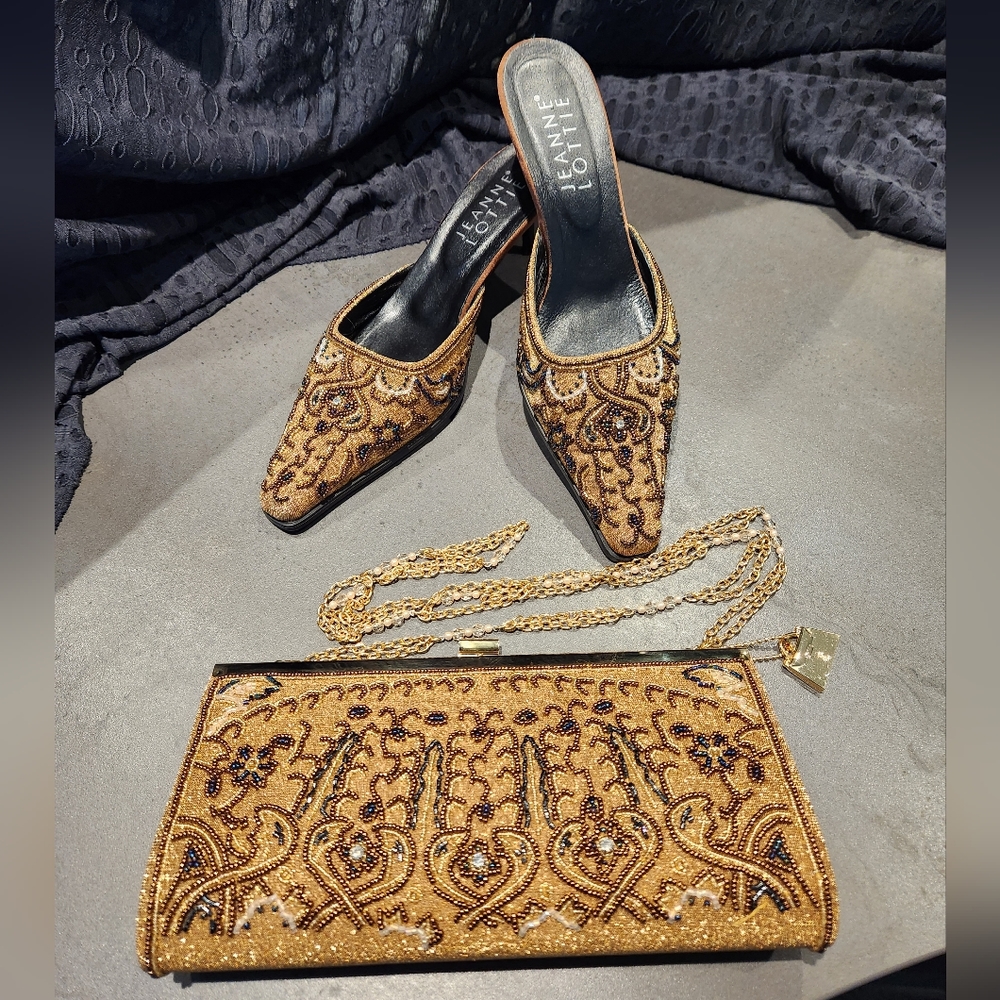 Beaded dressy mules and matching clutch. Designer - Jeanne Lottie, size 39.